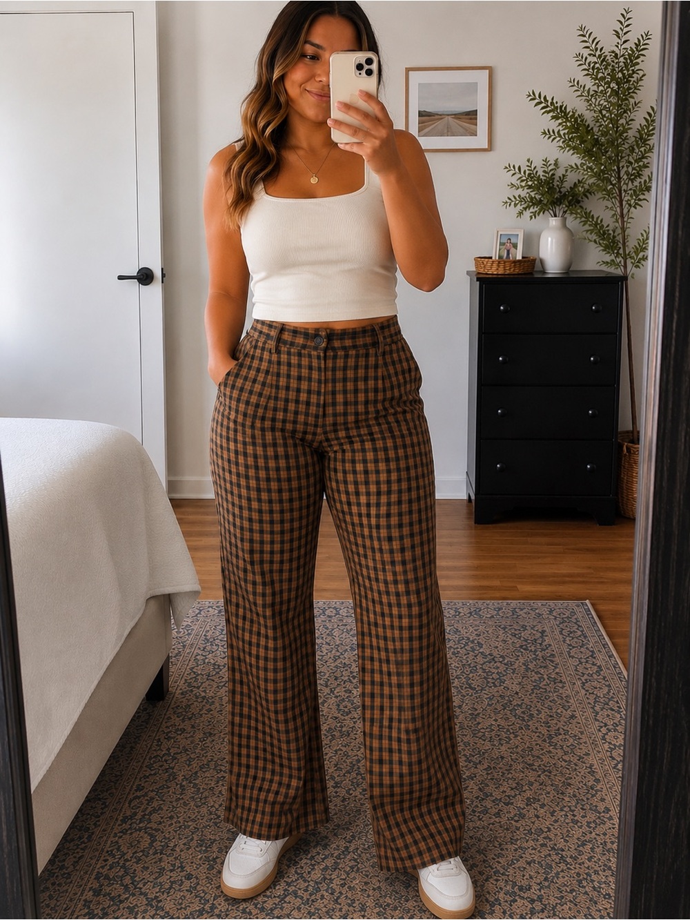 Women’s Brown Plaid Straight Leg Pants Size 14 Side Slit Hem Office Preppy